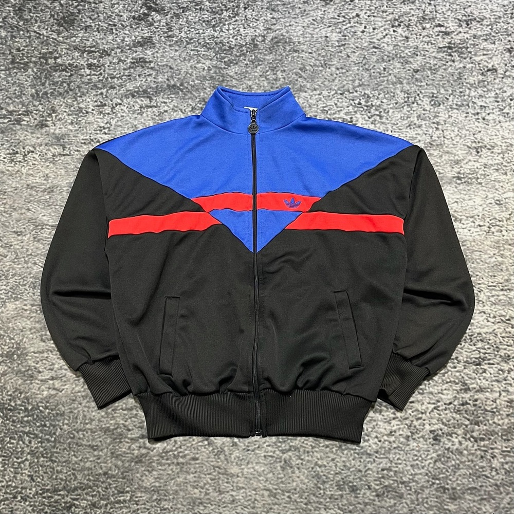 Vintage 80s Adidas Trefoil Track Jacket Mens Small Black Blue Red Full Zip